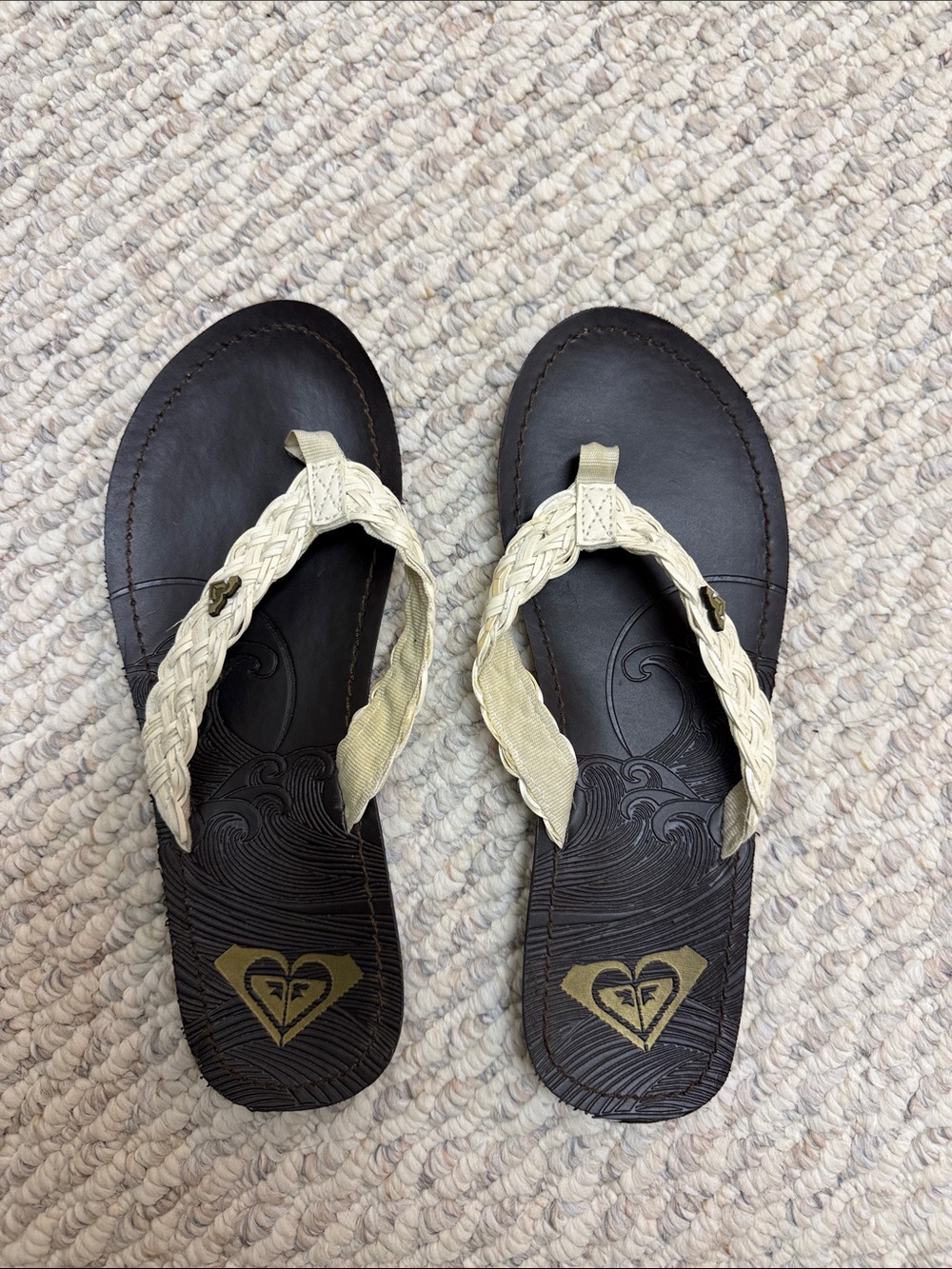 Roxy Women's Braided Thong Sandals in Cream and Brown